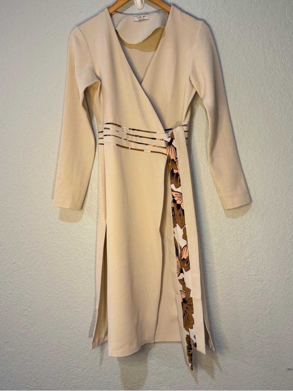 Long Sleeve Cream Wrap Midi Dress with Floral Sash